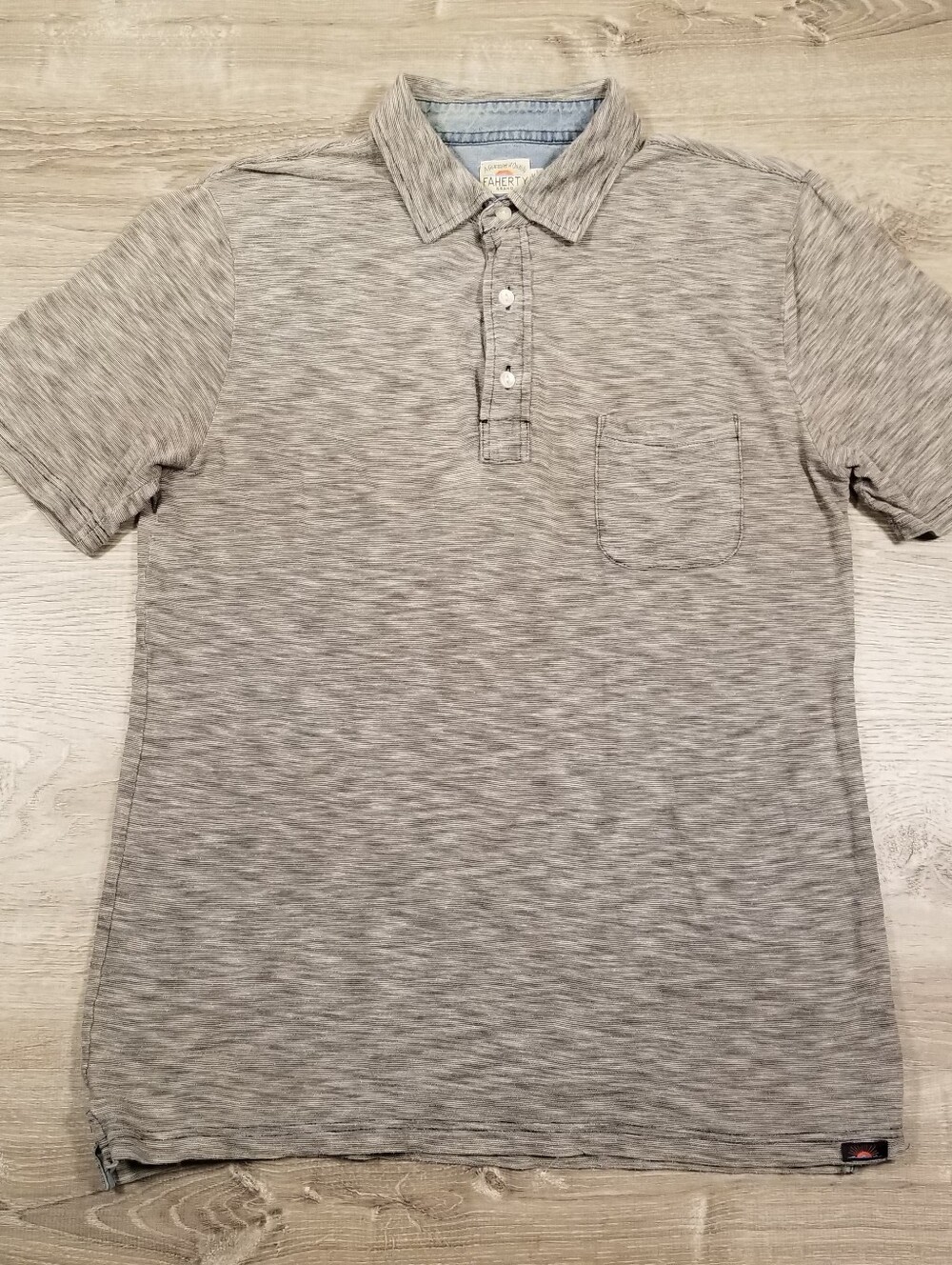Faherty Indigo Dyed Heather Gray Pocket Polo Shirt Short Sleeve Mens Medium